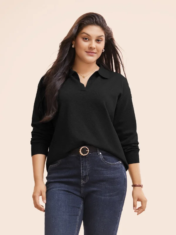 Polo Neck Drop Shoulder Sleeve Soft Pullover