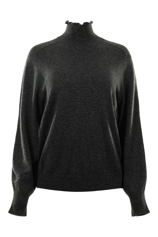 Repeat Cashmere Frilled Edge Mock Neck in Charcoal