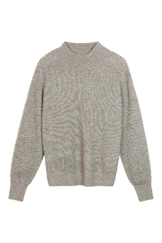 Repeat Cashmere Rib Knit Sweater with Crochet Details on Sleeves in Light Grey