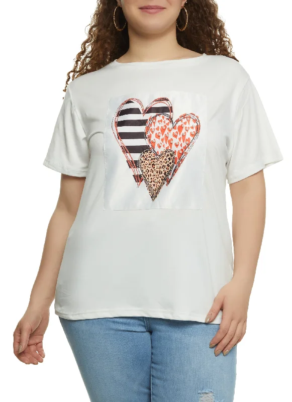 Plus Size Heart Graphic Studded Patch Tee