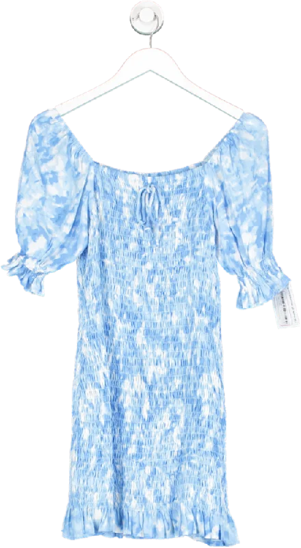 Faithful The Brand Blue Ruched Puff Sleeve Mini Dress UK S