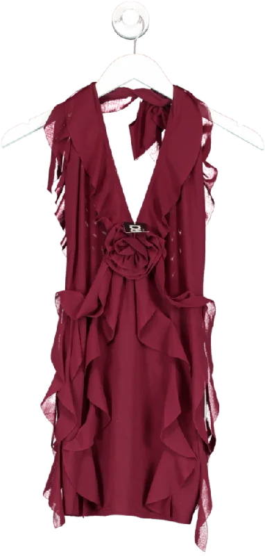 MURCI Red Rose Detail Ruffled Mini Dress Burgundy UK 12