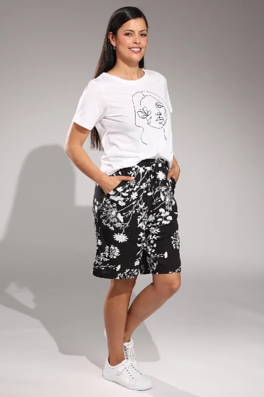 Printed Shorts with elastic waist | BLACK WHITE SPRIG | 3368A1