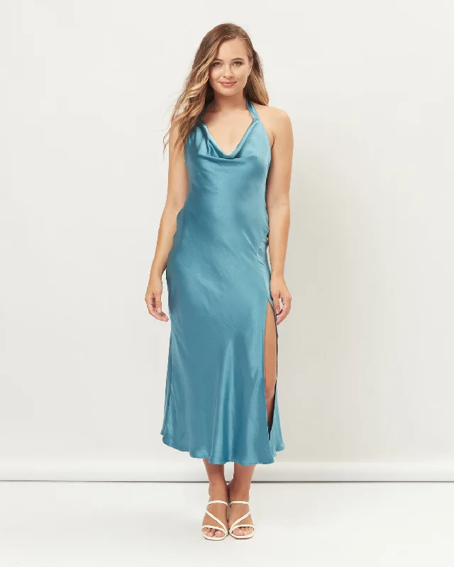 Lola Blue Cowl Halter Neck Midi Dress