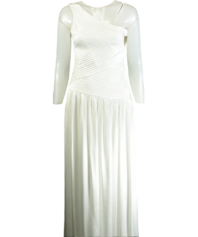 Meshki White Jenna One Shoulder Pleated Maxi Dress UK XS