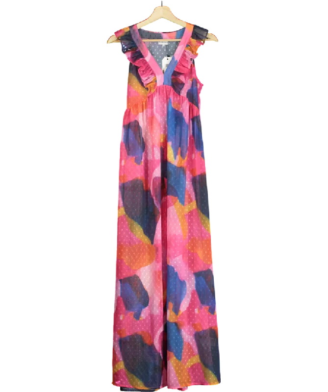 Pia Rossini Multicoloured Fuchsia Maxi Dress With Tropical Abstract Print And Ruffle Detail UK S