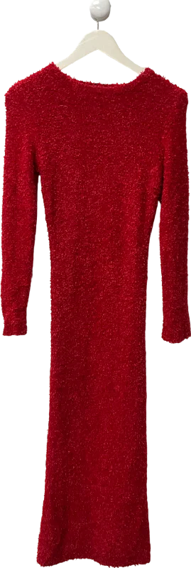 PrettyLittleThing Red Fuzzy Knit Long Sleeve Maxi Dress UK S