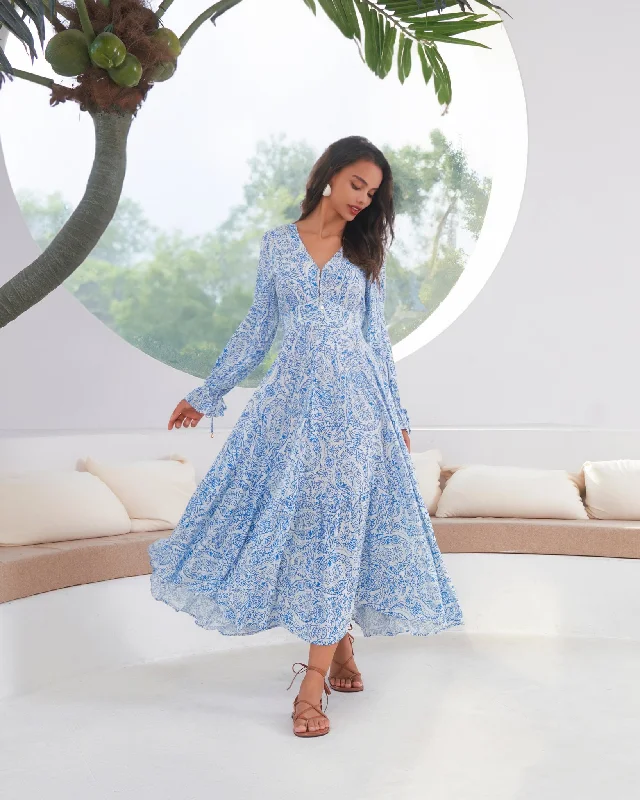 Skyra Blue Boho Long Sleeve Midi Dress