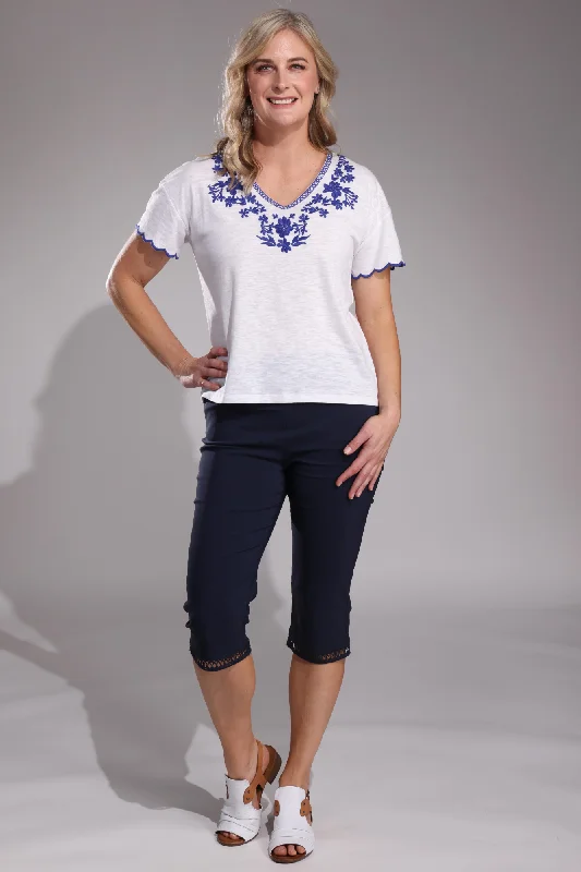 Mid Calf Pants with lattice trim | NAVY | 6302A1