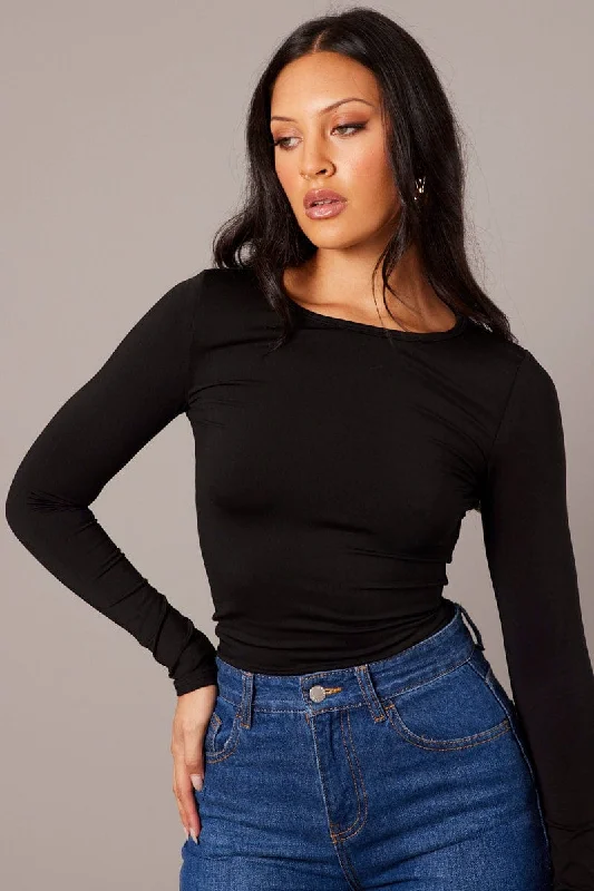 Black Fleece Lined Top Long Sleeve Crew Neck