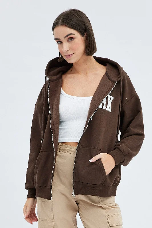 Brown Zip Hoodie Long Sleeve New York Applique